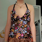 BXOXO Sequin Halter Top for Women Sexy Deep V Neck Beaded Tops Sparkly Glitter Tank Top Going Out Rave Outfits Party Clubwear